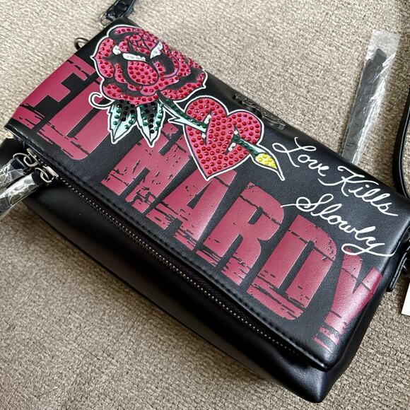 ED HARDY Love Kills Slowly BLK Rhinestone XBODY CLUTCH Rose Y2K Tattoo Skull - Picture 14 of 16